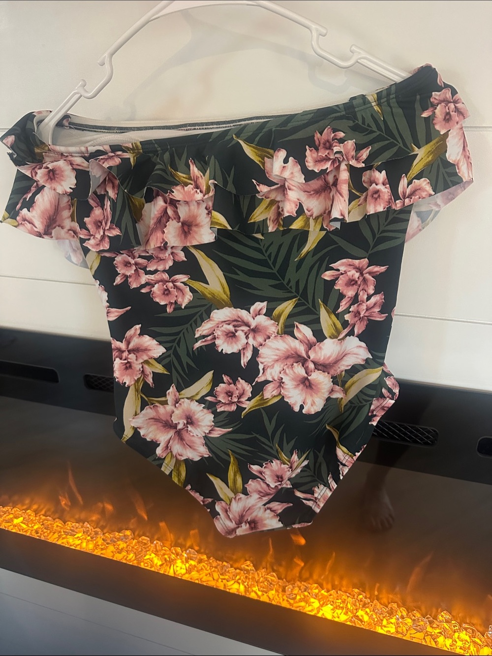 Kona Sol Green Off-Shoulder One-Piece Swimsuit with Pink Floral Print